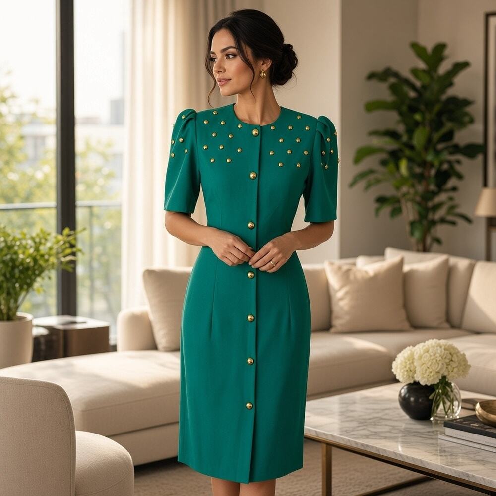 Vintage 70s Florentine Canada Womens 11/12 Green Dress Gold Buttons Secretary